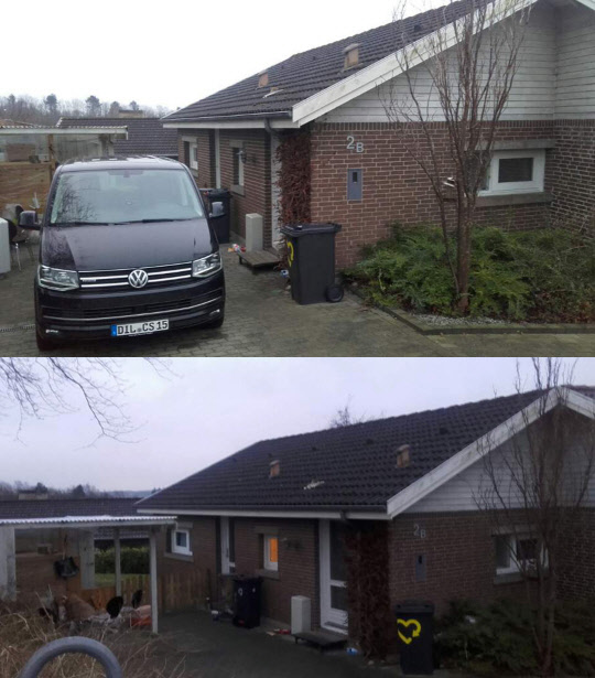 덴마크에 구금돼 있는 정유라씨와 덴마크 올보르시 외곽에서 함께 생활하던 19개월된 정 씨의 아들과 유모, 남성 2명 등이 10일(현지시간)  자택에서 종적을 감췄다. 연합뉴스 취재진이  이날 올보르시 외곽 정씨의 자택을 찾았을 때 자택에는 아무런 인기척을 찾아볼 수 없었다. 인근 주민들은 이들이  이날 어디론가 떠나갔다고 밝혔다. 사진은 정씨가 덴마크 경찰에 체포될 때 집에 세워져 있던 폴크스바겐 밴 차량(위)과 그 차량이 없어진 모습(하단).